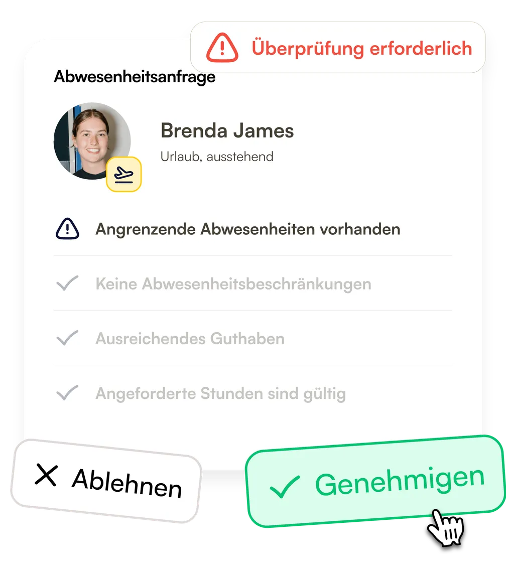 Der Abwesenheitsantrag von Brenda James mit Hinweis auf angrenzende Abwesenheiten, dazu Schaltflächen zum Ablehnen oder Genehmigen