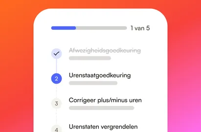 Salarisvoorbereiding bij stap 1 van 5: afwezigheidsgoedkeuring is klaar, daarna urenstaatgoedkeuring, plus/minus uren corrigeren en urenstaten vergrendelen
