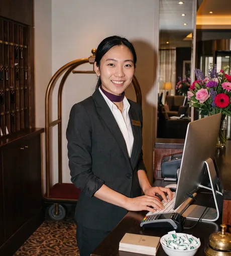 Hotel receptionist checking a guest in at the front desk