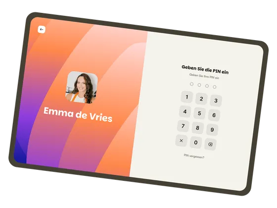Der Shiftbase Kiosk auf einem Tablet, mit dem Profil von Emma de Vries und dem Tastenfeld für ihre PIN