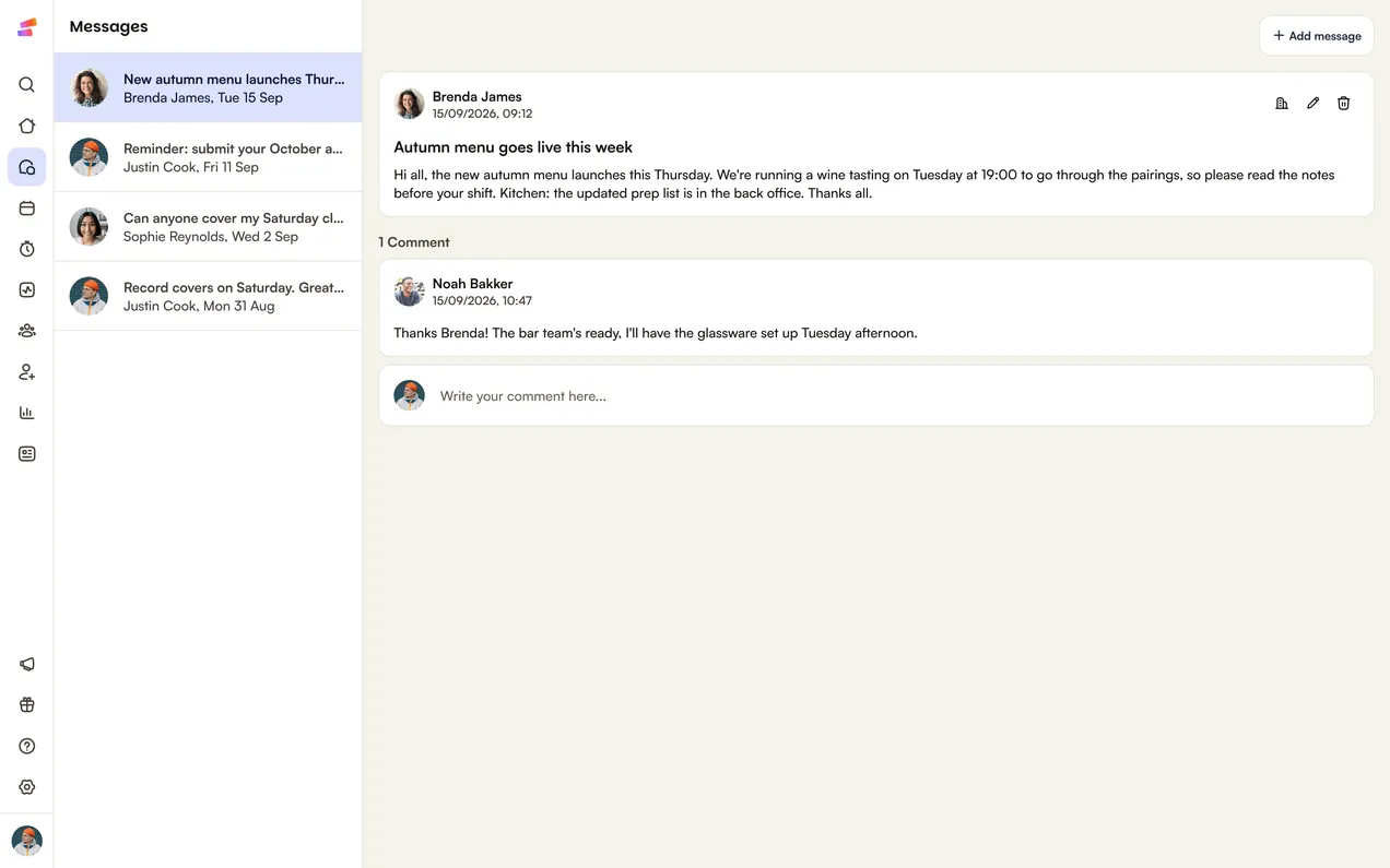 Messages in Shiftbase: a post about the new autumn menu, with a reply from the bar team