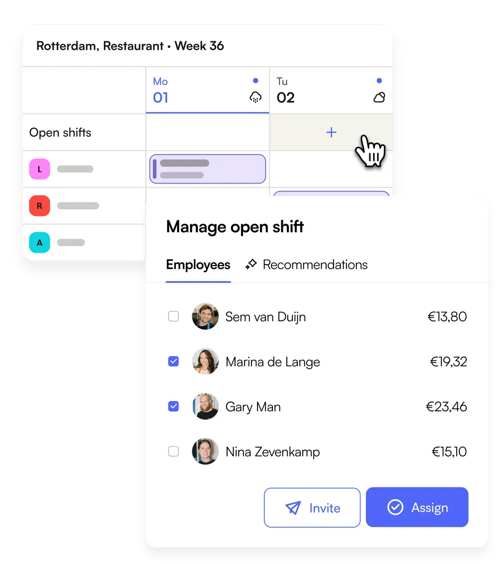 An open shift being filled: the people available for it, what each one costs, and the button to assign it