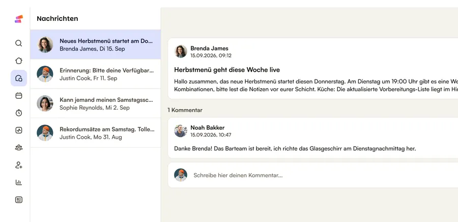 Nachrichten in Shiftbase: eine Meldung zum neuen Herbstmenü, mit einer Antwort vom Barteam