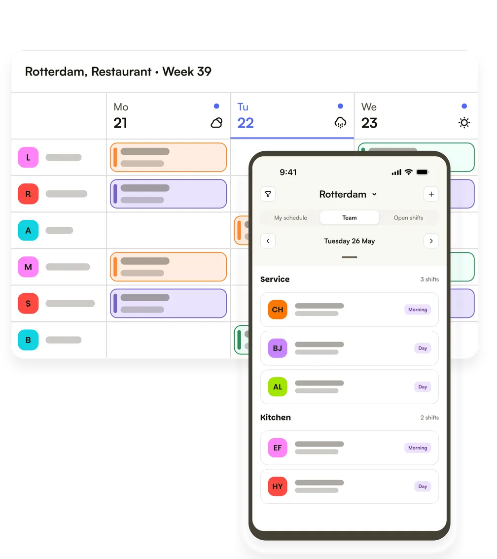 A restaurant's week roster, with the day's shifts for the service and kitchen teams open in the Shiftbase app