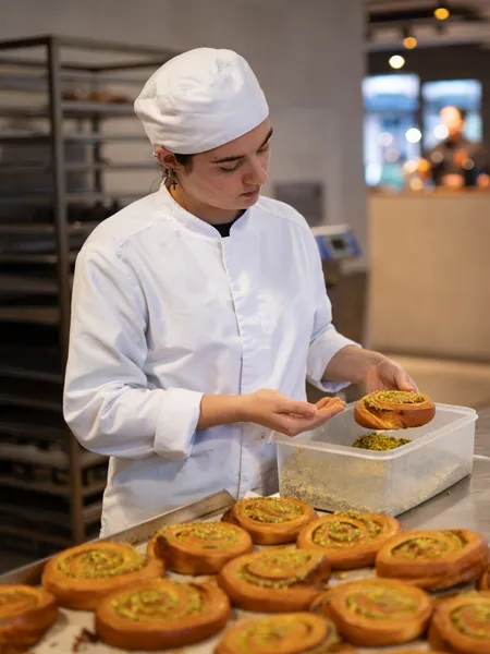 Baker finishing pastries at Chatwick Coffee & Bakery