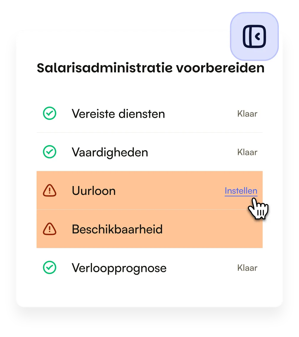 De checklist in het zijpaneel: vereiste diensten, vaardigheden en omzetprognose zijn klaar, uurloon en beschikbaarheid moeten nog worden ingesteld