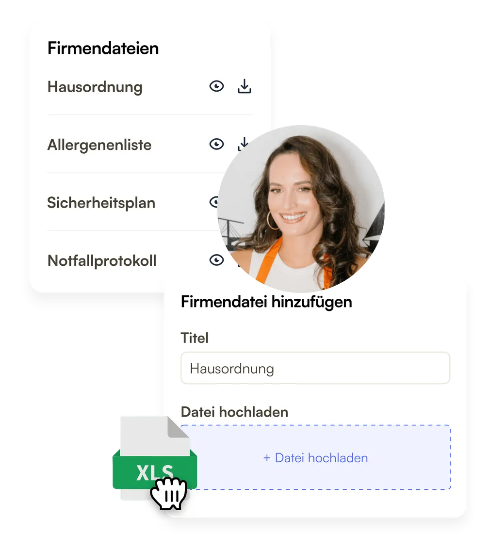 Firmendateien mit Hausordnung, Allergenliste, Sicherheitsplan und Notfallprotokoll, dazu das Formular für eine neue Datei
