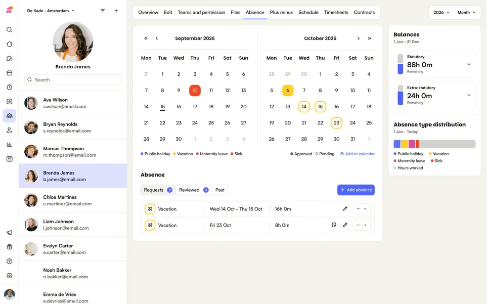 One employee's absence year in Shiftbase: the calendar, the requests and the balances left