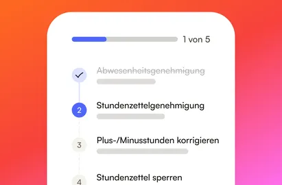 Lohnvorbereitung bei Schritt 1 von 5: Abwesenheitsgenehmigung erledigt, danach Stundenzettelgenehmigung, Plus-/Minusstunden korrigieren und Stundenzettel sperren