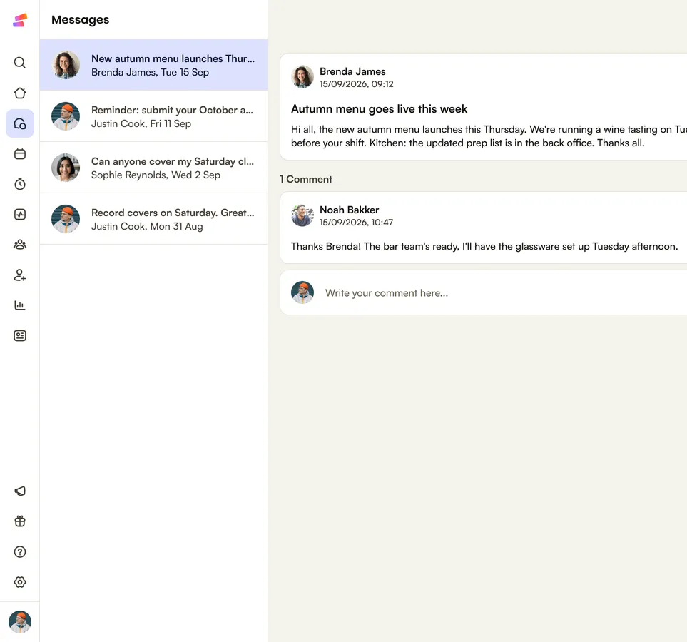 Messages in Shiftbase: the list of team posts beside the open autumn menu post
