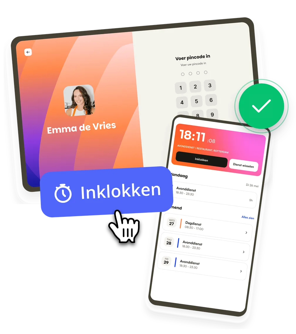 Een tablet-prikklok die om een pincode vraagt, naast de mobiele app met de knop om in te klokken