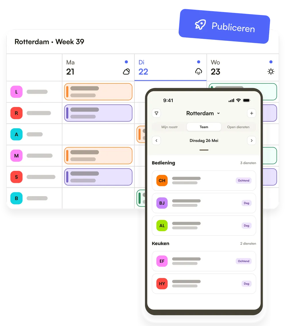 Het weekrooster met de knop Publiceren, en de diensten van het team voor die dag in de mobiele app