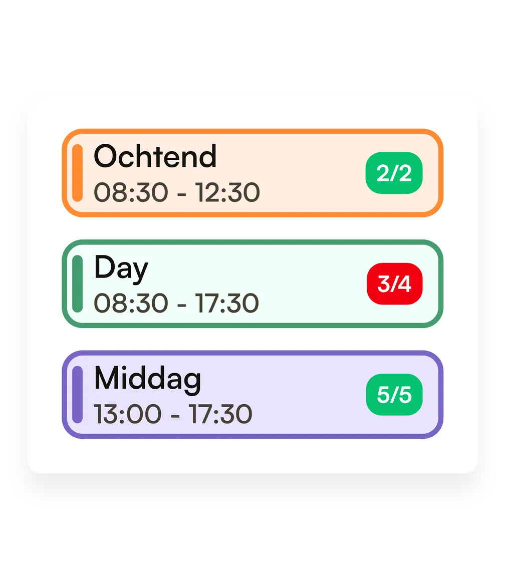 Drie vereiste diensten: ochtend 08:30 tot 12:30 (2 van 2), dag 08:30 tot 17:30 (3 van 4) en middag 13:00 tot 17:30 (5 van 5)
