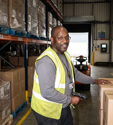 Warehouse worker scanning stock beside the loading bay