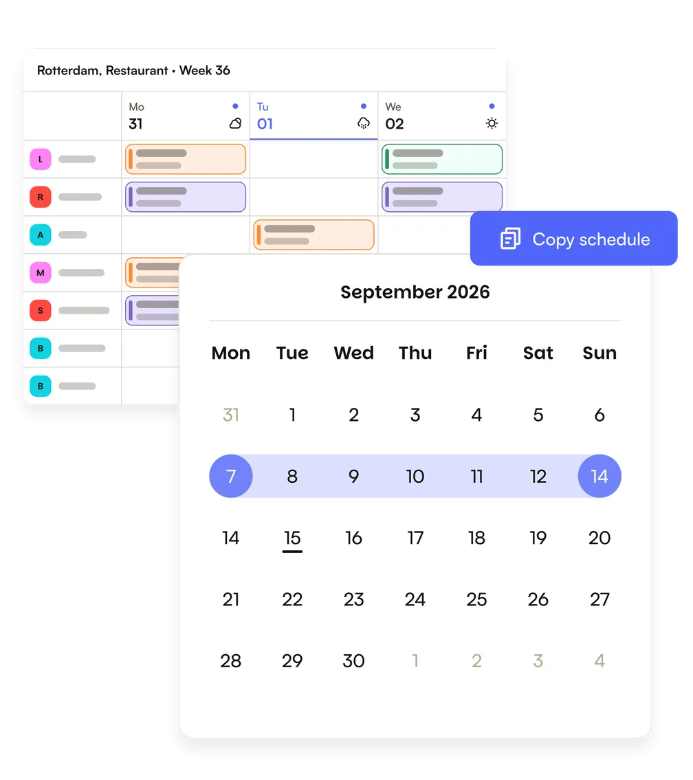 A week of shifts being copied into the next one, with the calendar open on the week you're copying to
