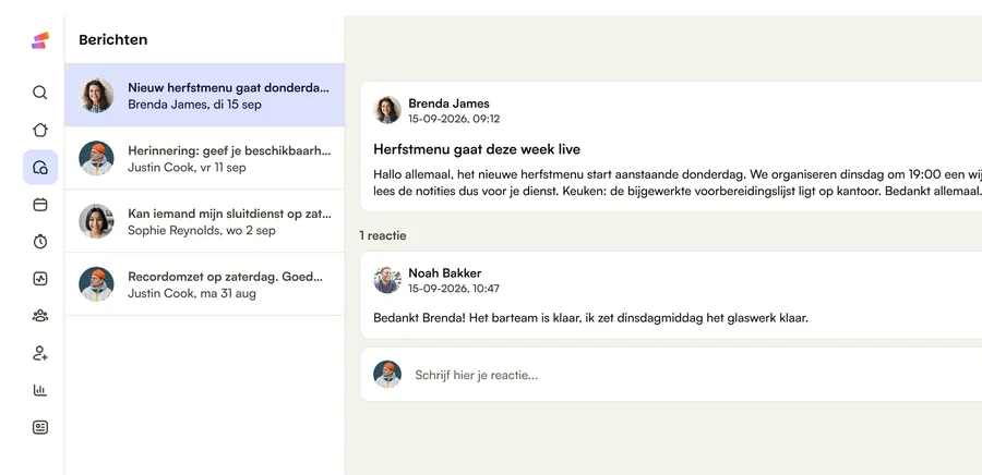 Berichten in Shiftbase: een bericht over het nieuwe herfstmenu, met een reactie van het barteam
