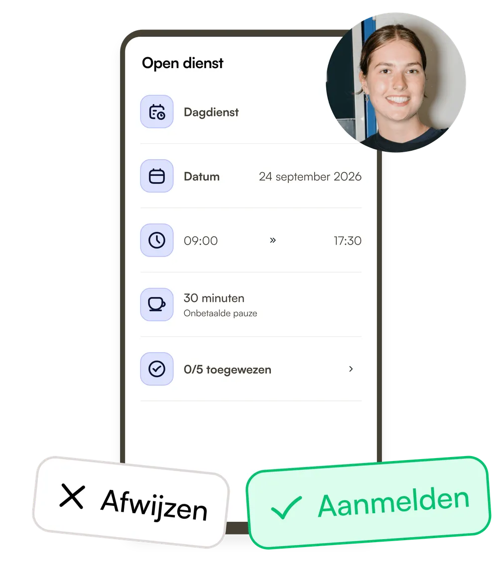 Een open dagdienst op 24 september, 09:00 tot 17:30, met knoppen om hem af te wijzen of je aan te melden