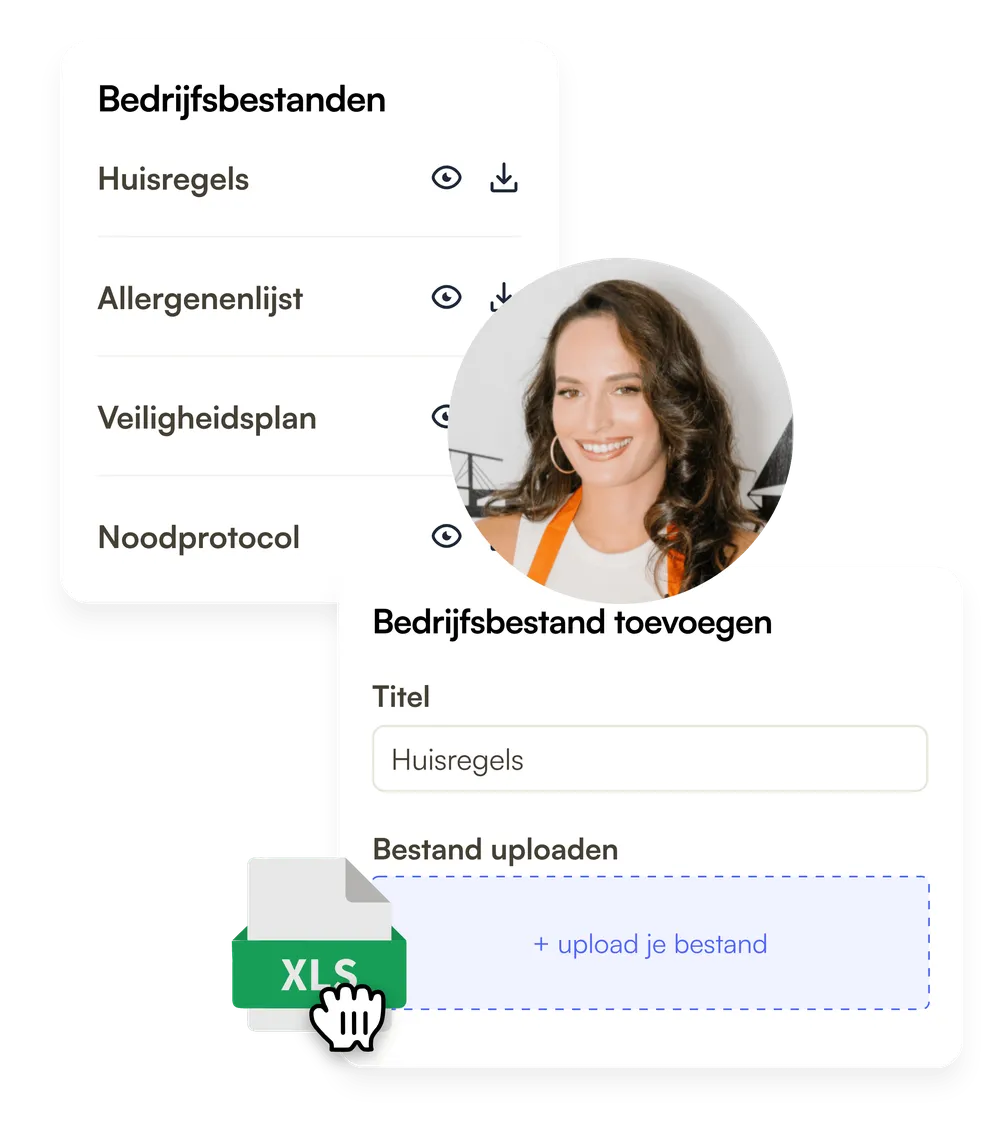 Bedrijfsbestanden met huisregels, allergenenlijst, veiligheidsplan en noodprotocol, en het formulier om een bestand toe te voegen
