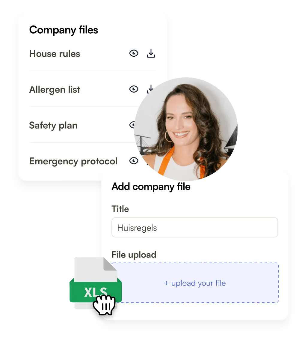 Company files with the house rules, allergen list, safety plan and emergency protocol, and the form to add a new file
