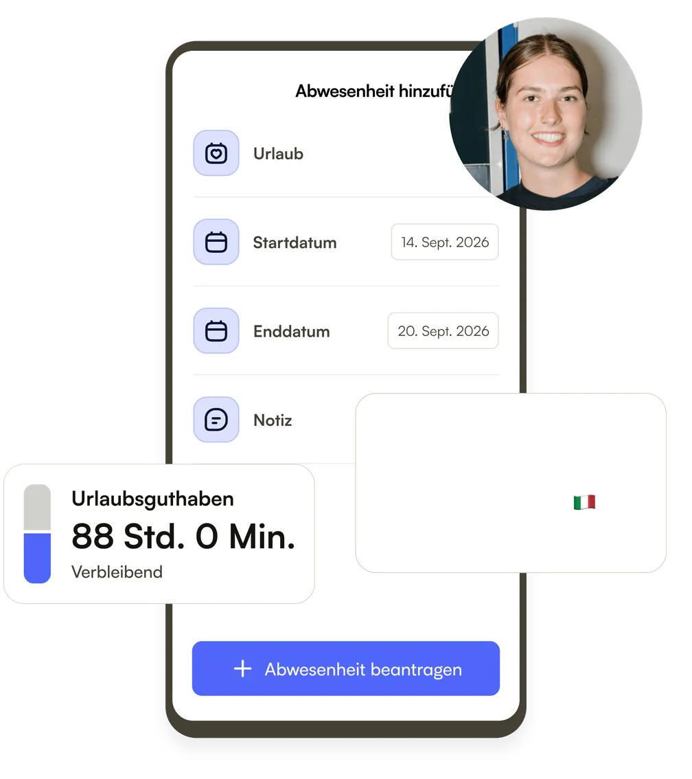 Eine Mitarbeiterin beantragt Urlaub in der Shiftbase-App, mit Datum, Notiz und dem verbleibenden Urlaubsguthaben