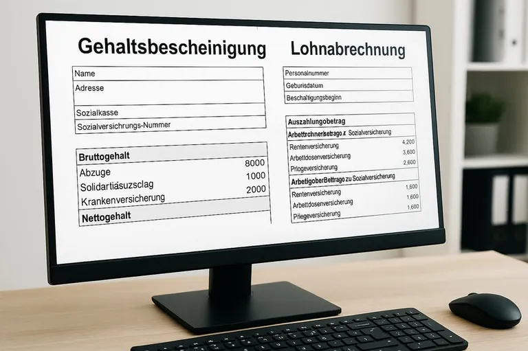 Gehaltsbescheinigung und Lohnabrechnung auf Computerbildschirm