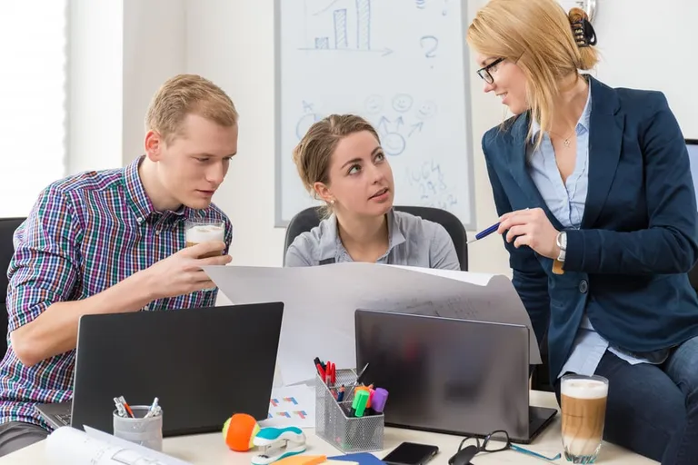 Office workers discussing project guidelines