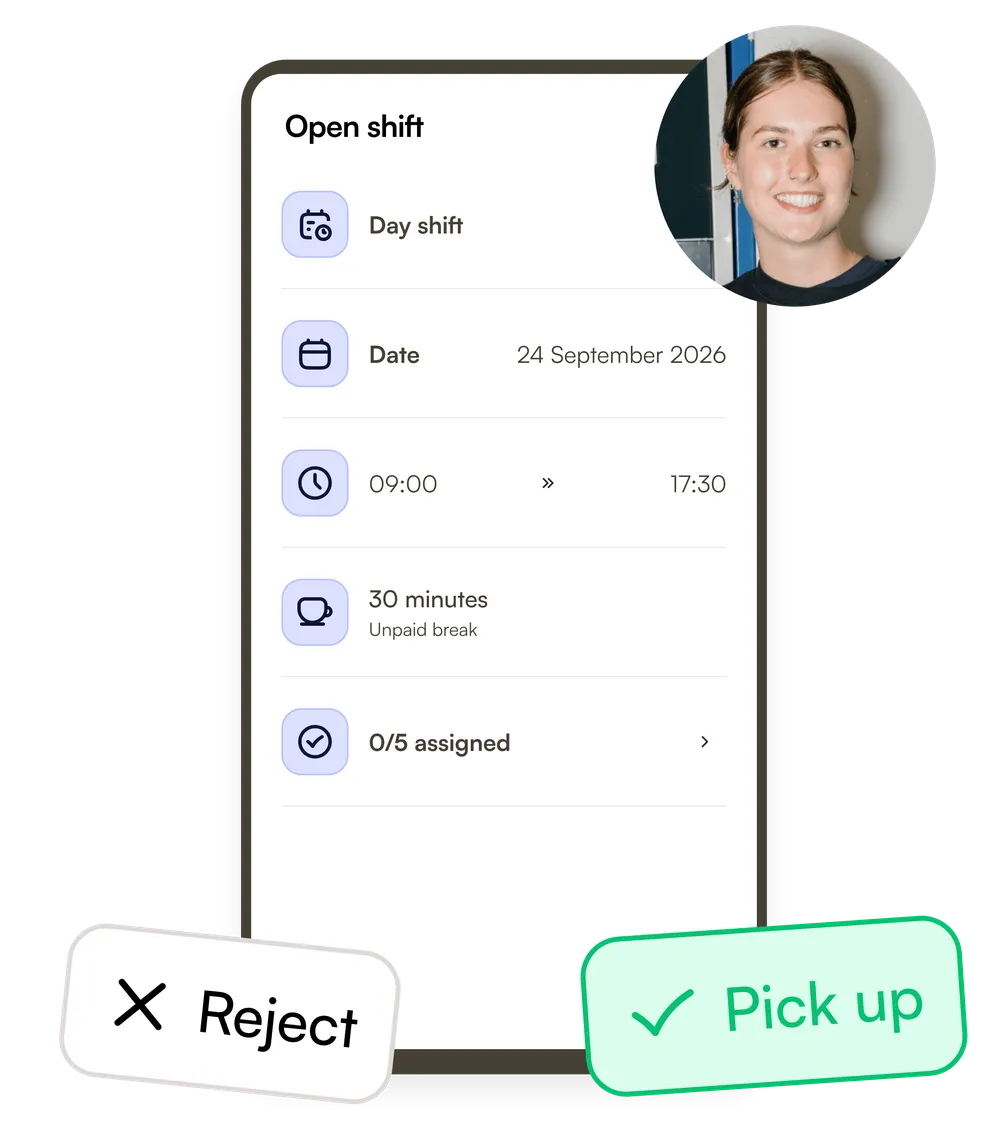 An open day shift on 24 September, 09:00 to 17:30, with buttons to reject it or pick it up