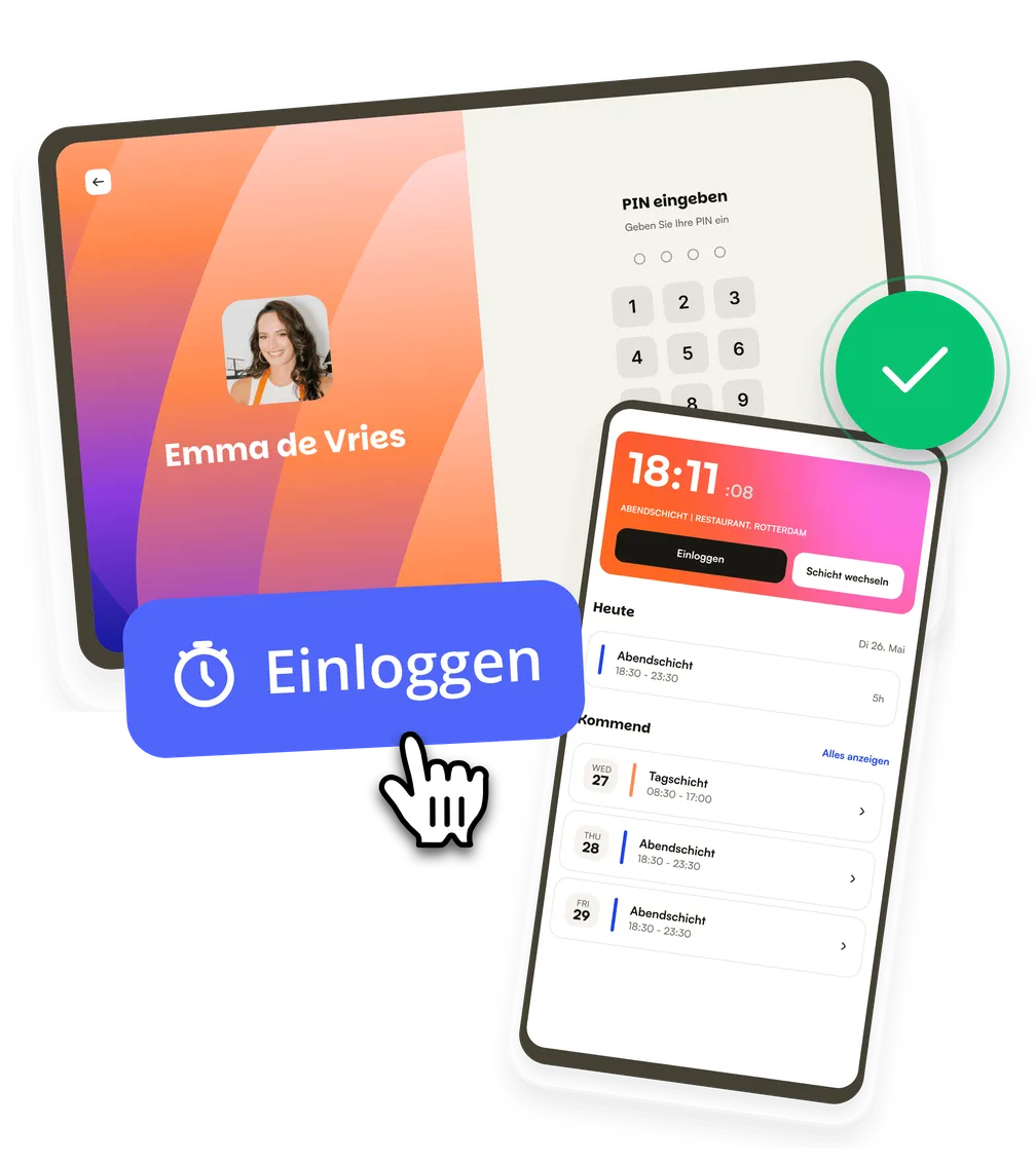 Emma de Vries stempelt sich mit ihrer PIN am Kiosk ein, und ihr Handy zeigt die Abendschicht, die um 18:11 begonnen hat