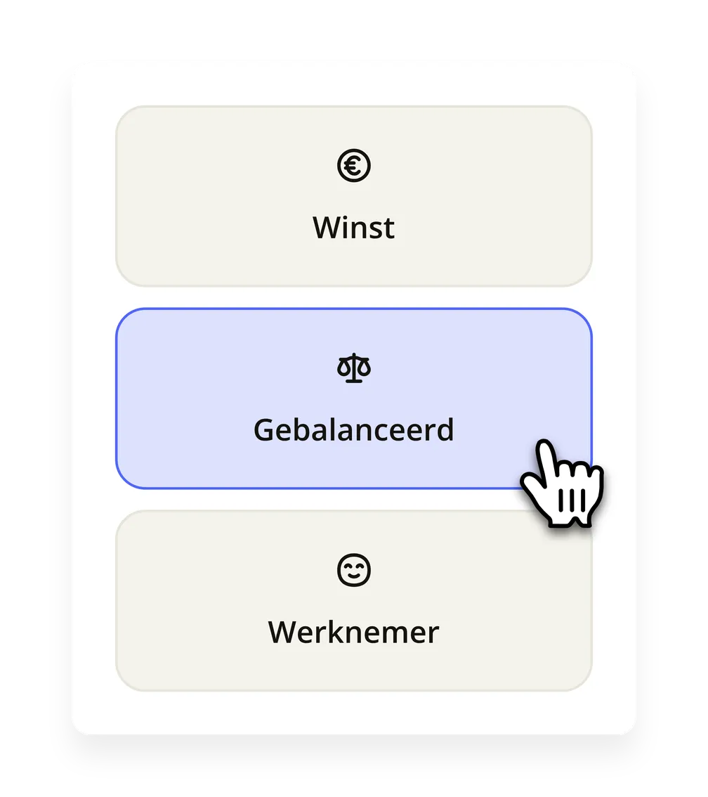 De drie strategieën, Winst, Gebalanceerd en Werknemer, met Gebalanceerd geselecteerd