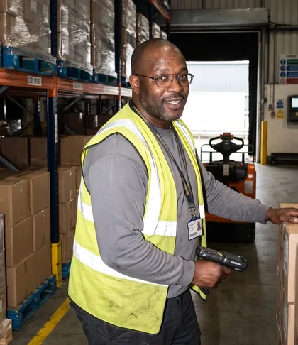 A warehouse worker in a hi-vis vest with a handheld scanner between the racks