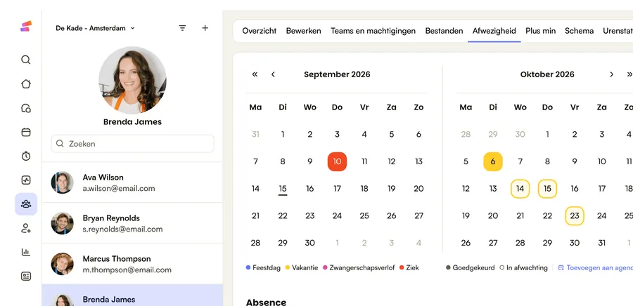 Het verlofjaar van één medewerker in Shiftbase: de kalender, de aanvragen en het resterende saldo