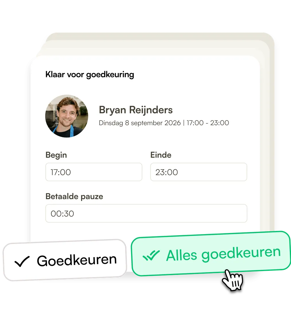 Een dienst klaar om goed te keuren met start, eind en betaalde pauze, en de optie om de hele week in één keer goed te keuren