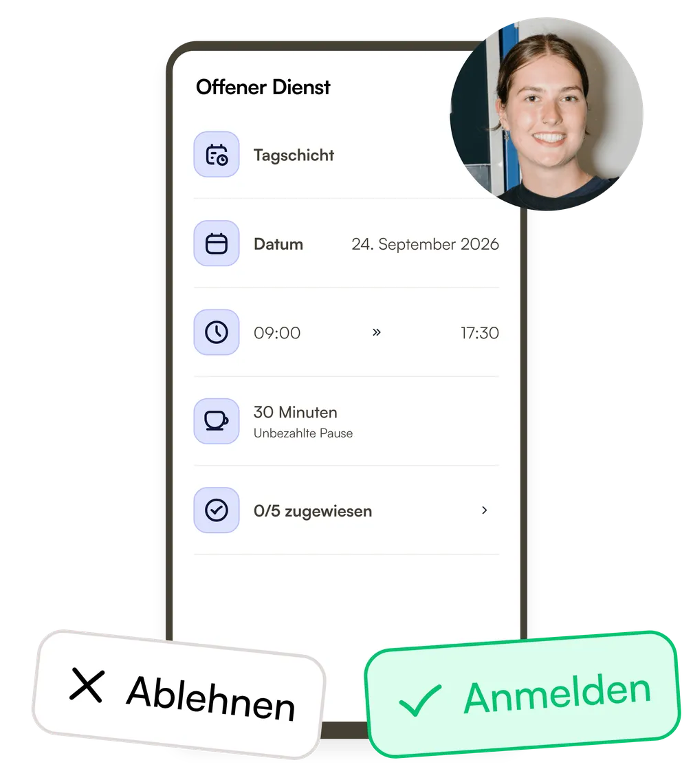 Eine offene Tagschicht am 24. September, 09:00 bis 17:30 Uhr, mit Schaltflächen zum Ablehnen oder Anmelden
