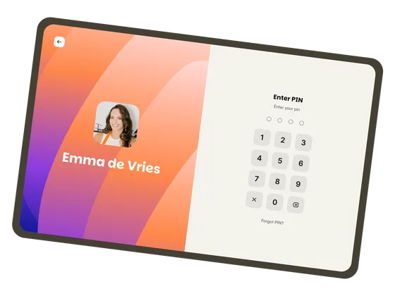 The Shiftbase Kiosk on a tablet, with Emma de Vries' profile and the keypad to enter her PIN