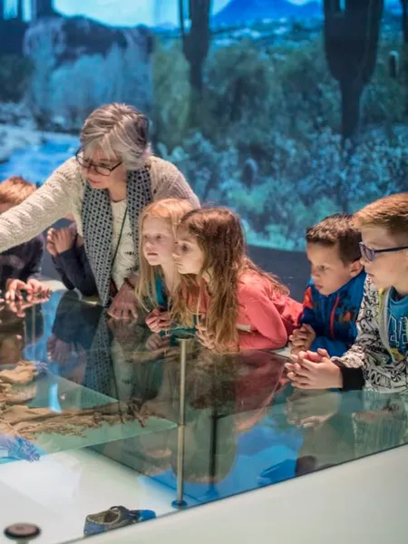 Children exploring a display case at the Wereldmuseum