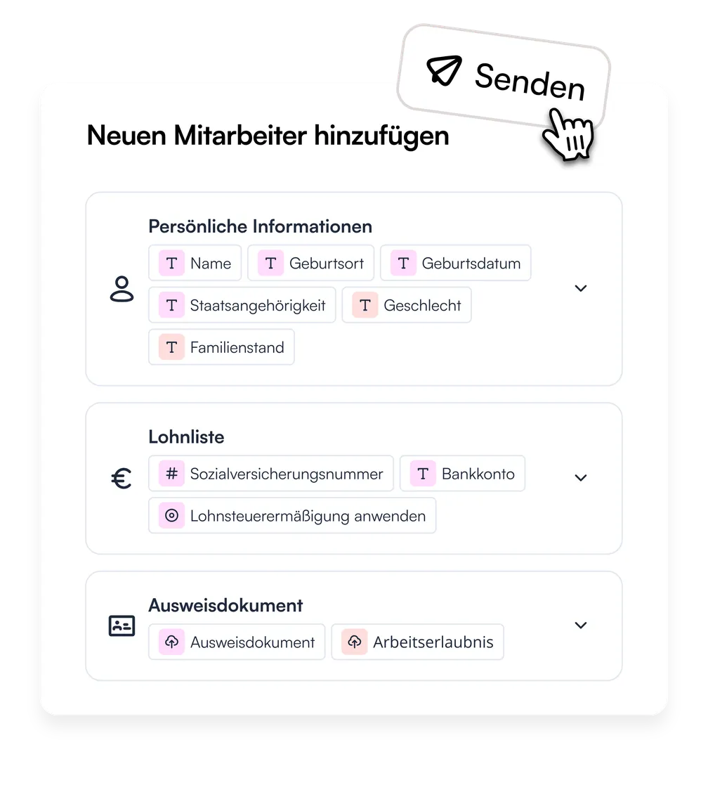 Das Formular für neue Mitarbeitende mit persönlichen Daten, Lohndaten und Ausweis, bereit zum Senden