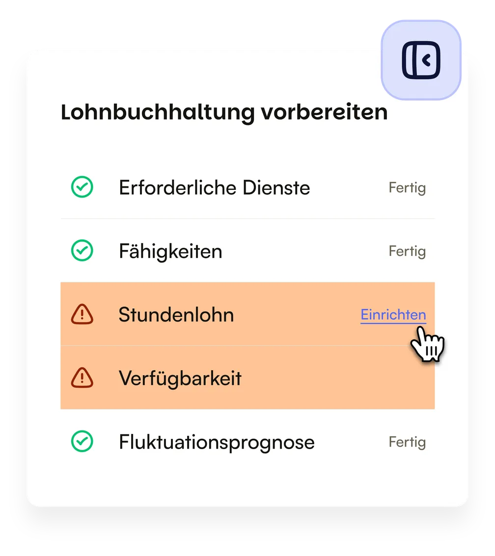Die Checkliste im Seitenbereich: erforderliche Dienste, Fähigkeiten und Umsatzprognose sind fertig, Stundenlohn und Verfügbarkeit müssen noch eingerichtet werden