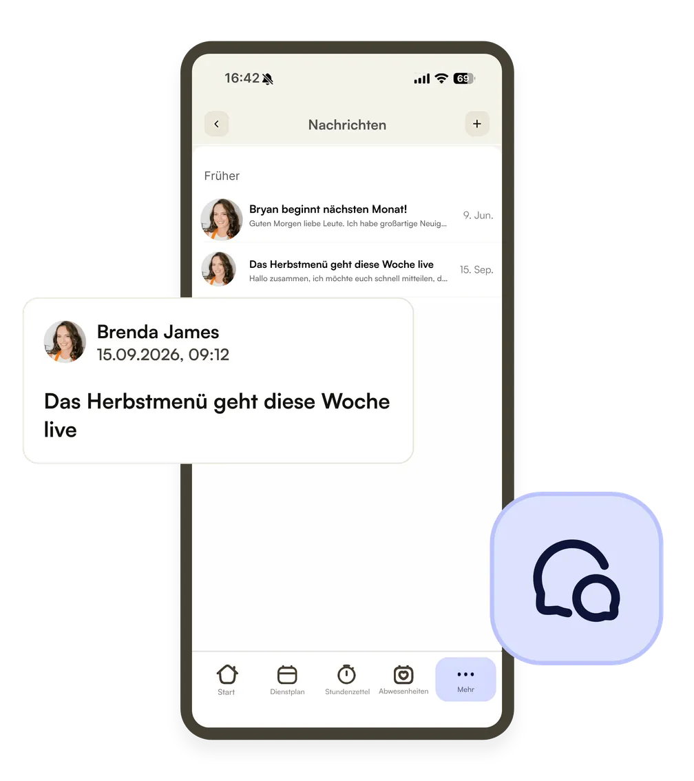 Der Bildschirm Nachrichten in der Shiftbase-App auf einem Smartphone, mit der Meldung zum Herbstmenü