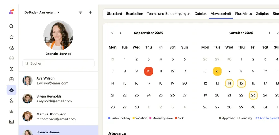 Das Abwesenheitsjahr einer Mitarbeiterin in Shiftbase: Kalender, Anträge und verbleibendes Guthaben