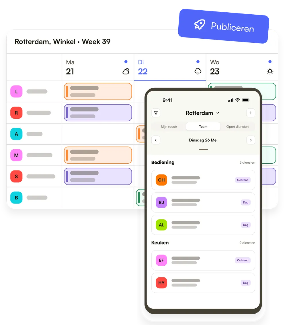 Het weekrooster met de knop Publiceren, en de diensten van het team voor die dag in de mobiele app