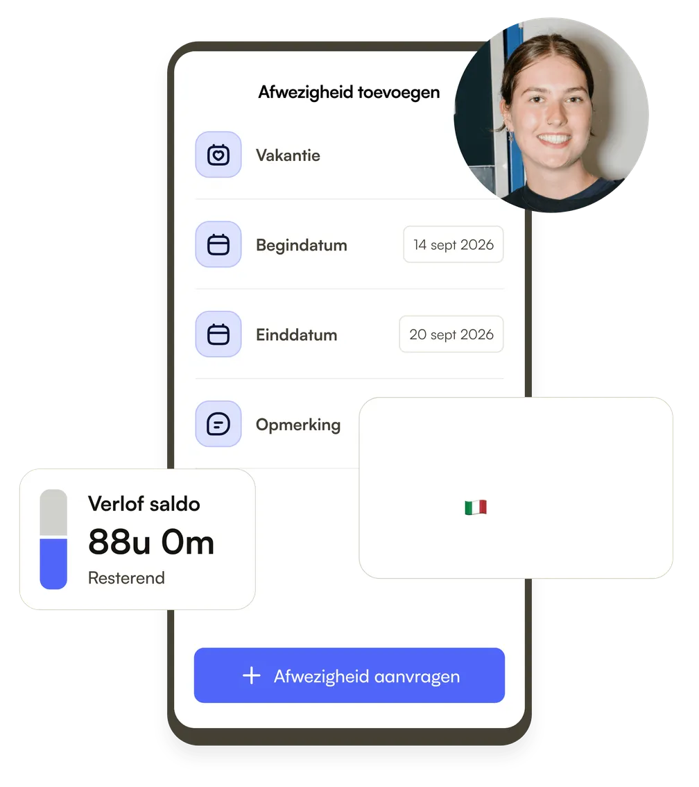 Een medewerker vraagt vakantie aan in de Shiftbase-app, met de datums, een opmerking en het resterende verlofsaldo