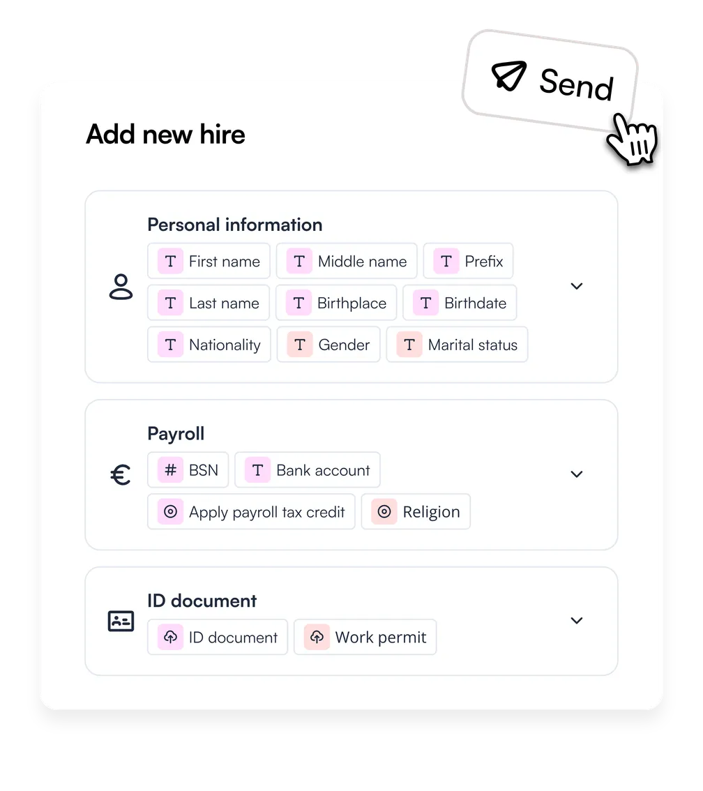 The new-hire form with personal, payroll and ID sections, ready to send