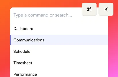 La command palette abierta con ⌘K: un campo para escribir un comando o buscar, encima de la lista de páginas, con comunicación resaltada