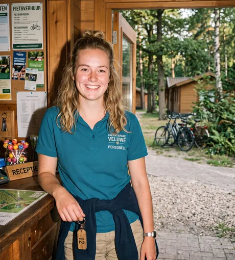 Holiday-park receptionist at the rental desk, cabin key in hand