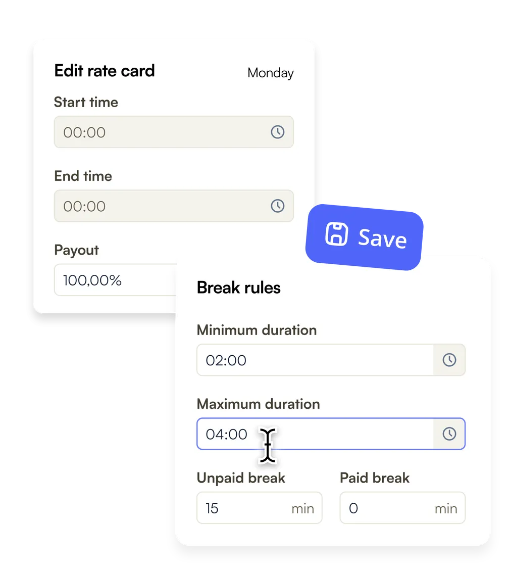 Editing Monday's rate card with start time, end time and payout, next to the break rules with minimum and maximum duration and unpaid and paid break