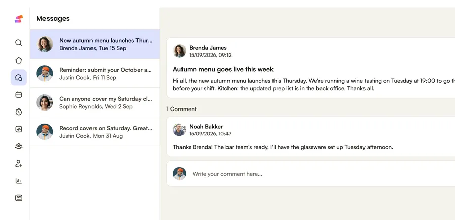 Messages in Shiftbase: a post about the new autumn menu, with a reply from the bar team
