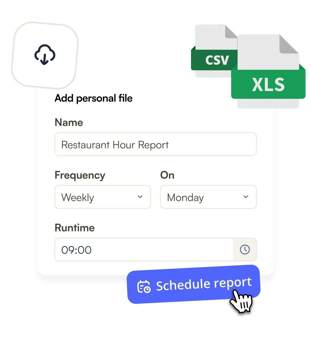 A weekly report set to run every Monday morning, exported as CSV or Excel