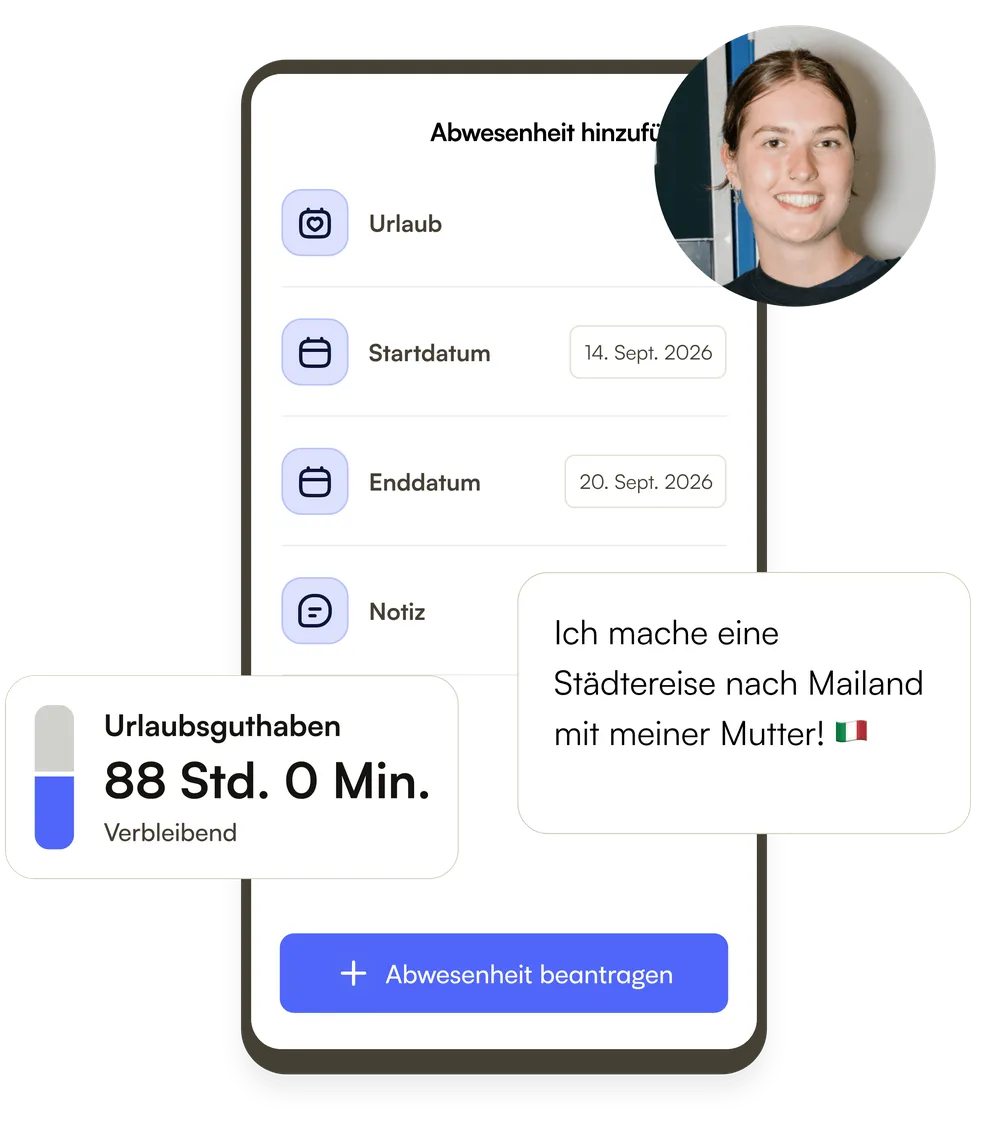 Jemand beantragt Urlaub in der mobilen App — Zeitraum, Notiz und das verbleibende Urlaubskonto