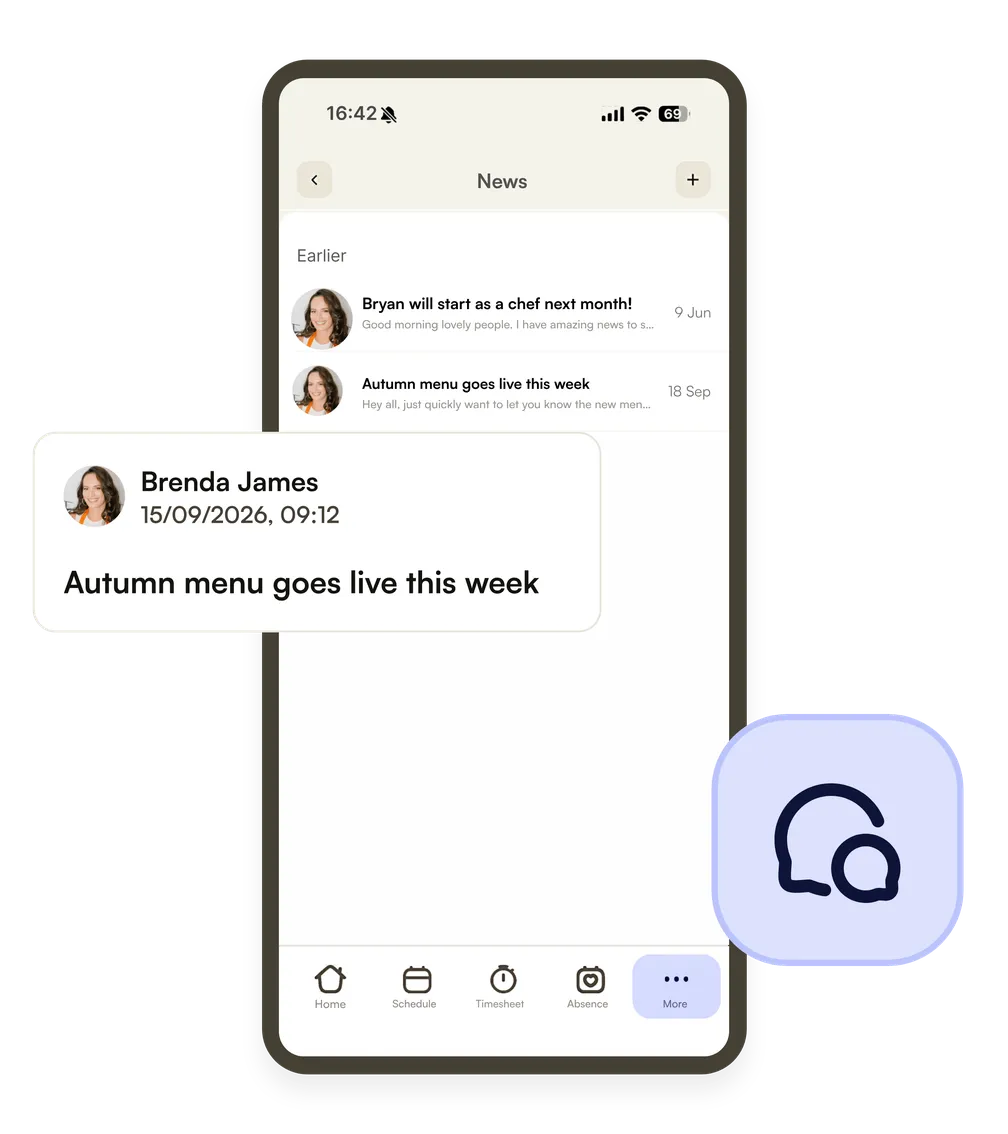 The News screen of the Shiftbase app on a phone, opening the autumn menu post