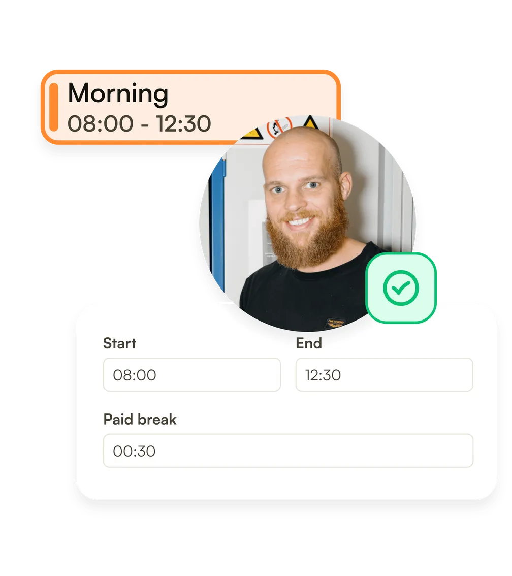 A planned morning shift of 08:00 to 12:30 beside the hours actually worked, matching to the minute